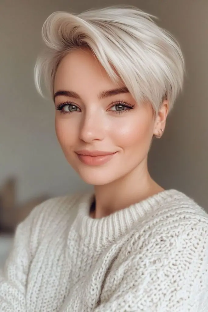 Short pixie cut in frosty blonde.