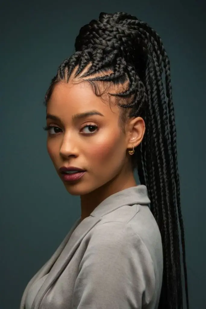 "Sleek high ponytail with cascading twists."