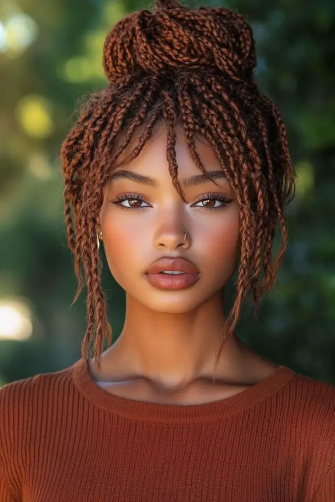 "High bun styled with long twists."