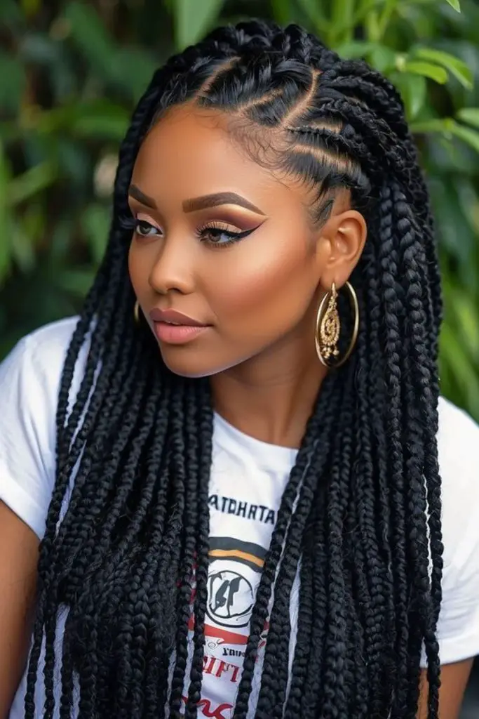 "Cornrow accents paired with flowing twists."
