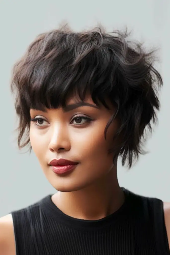Tousled, shaggy mushroom cut, relaxed look.