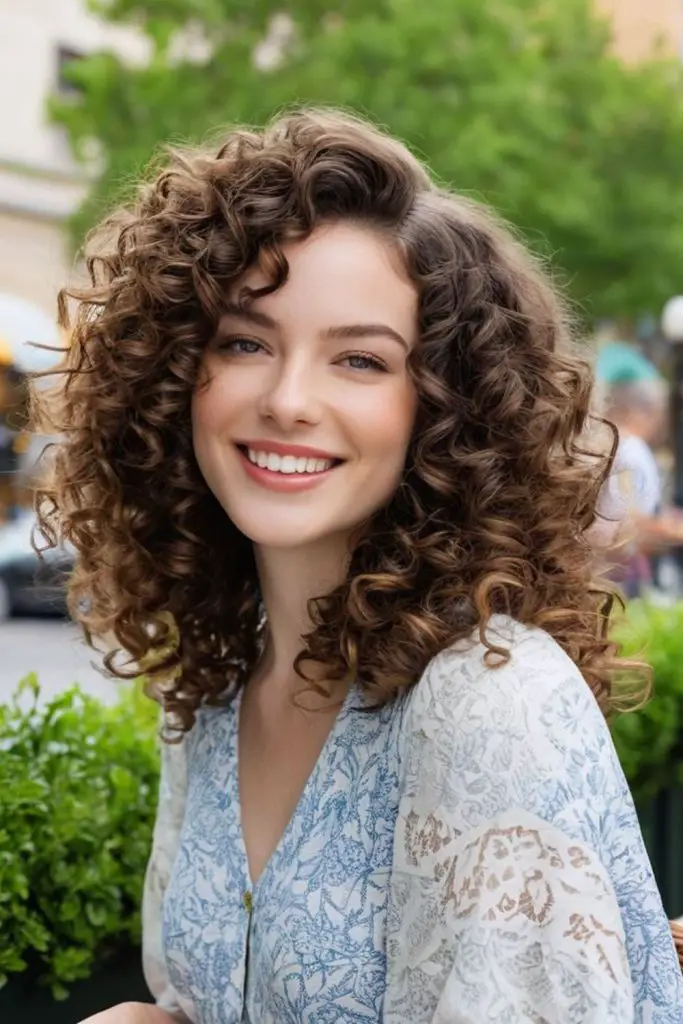 Deep side part creates sophisticated curls.