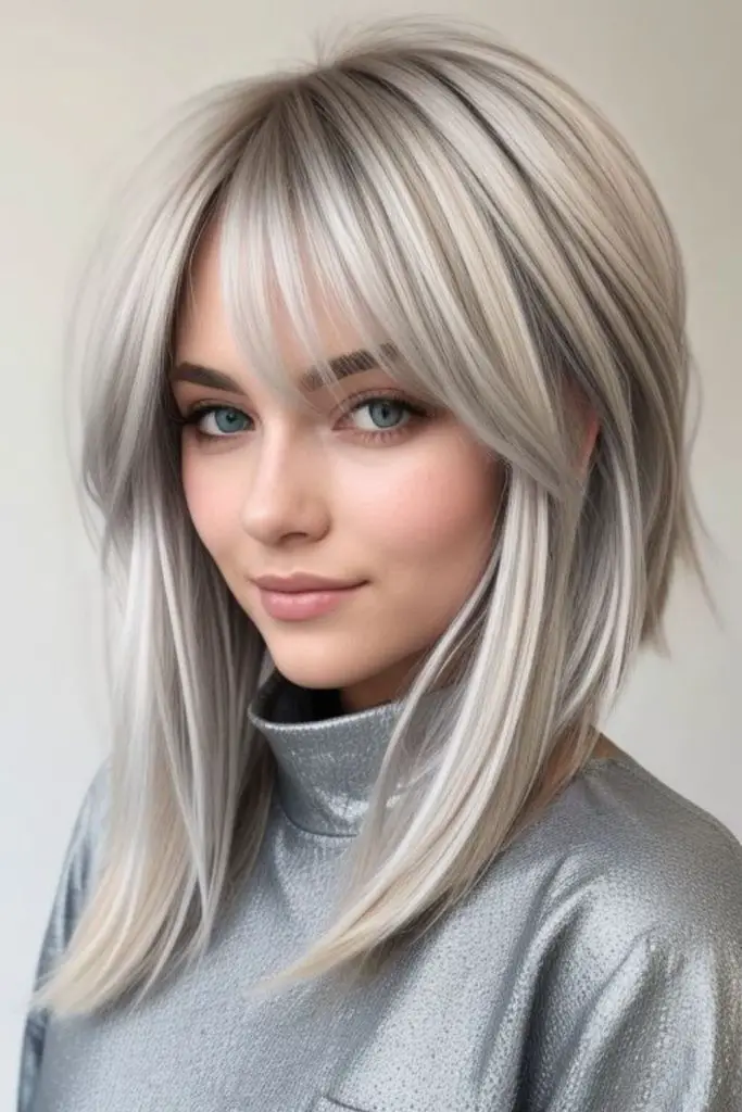 "Frosted blonde with cool silver highlights."