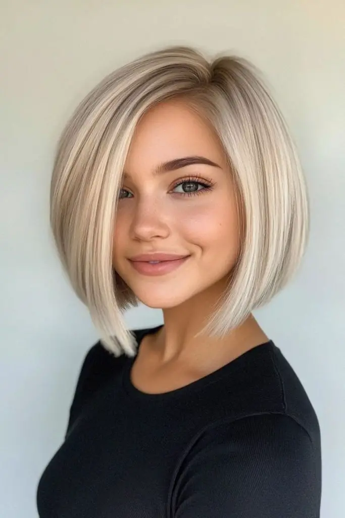 Chin-length bob with icy shine.