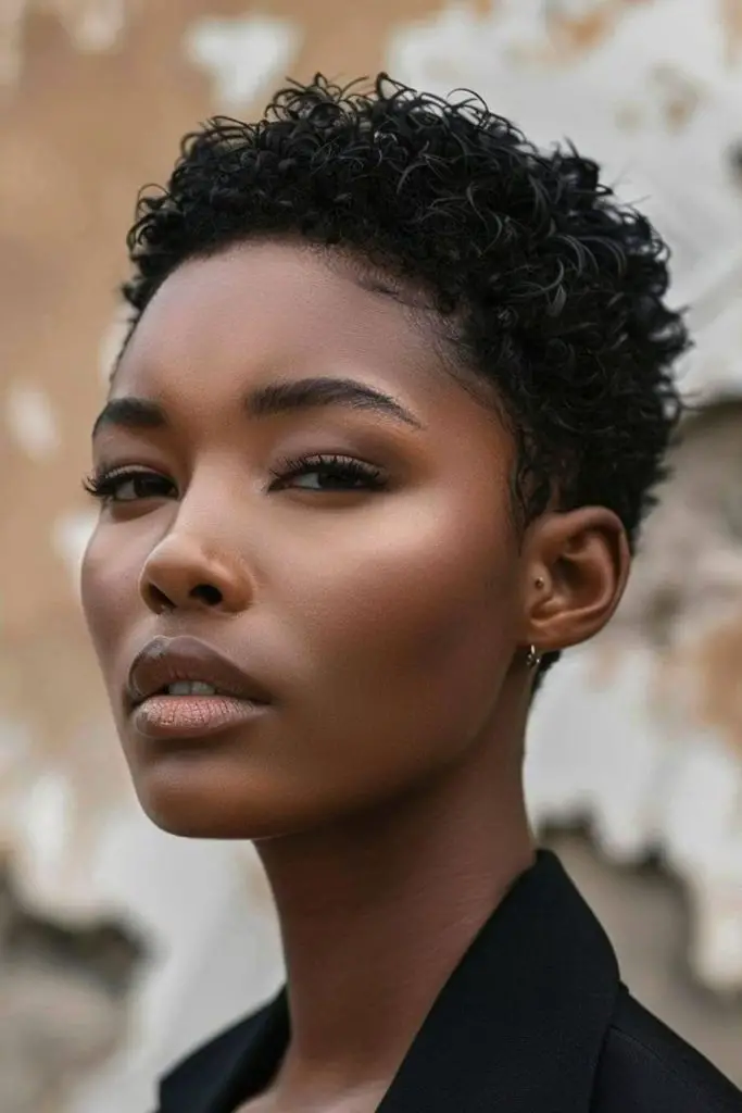 Curly mushroom cut with layered volume.