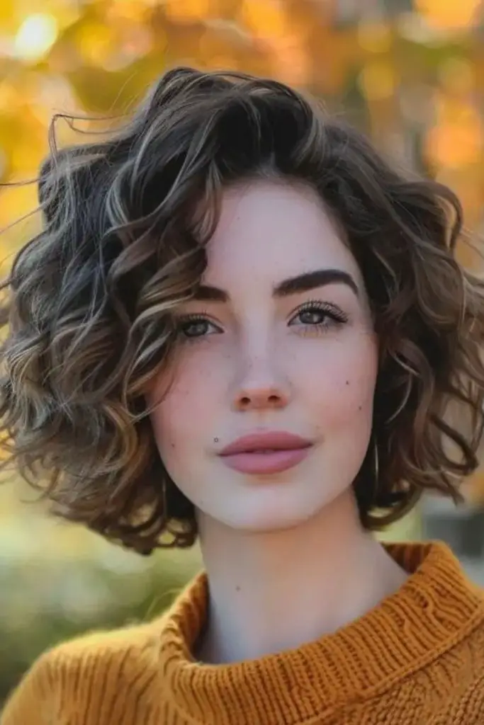 Chin-length bob with playful, tousled curls.