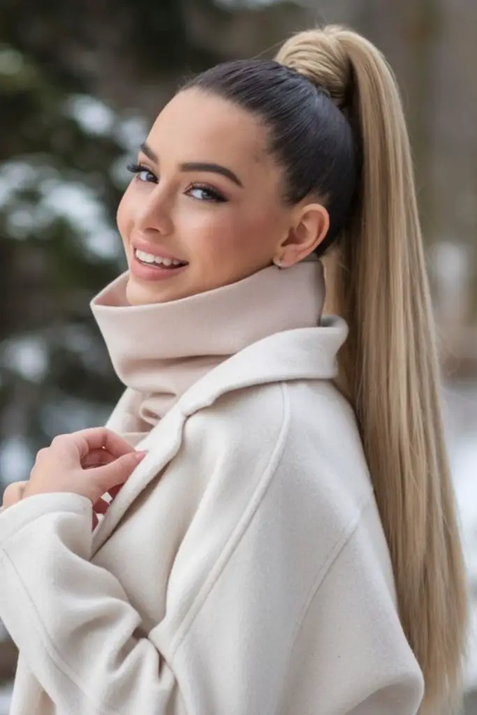 Sleek long ponytail for relaxed look.