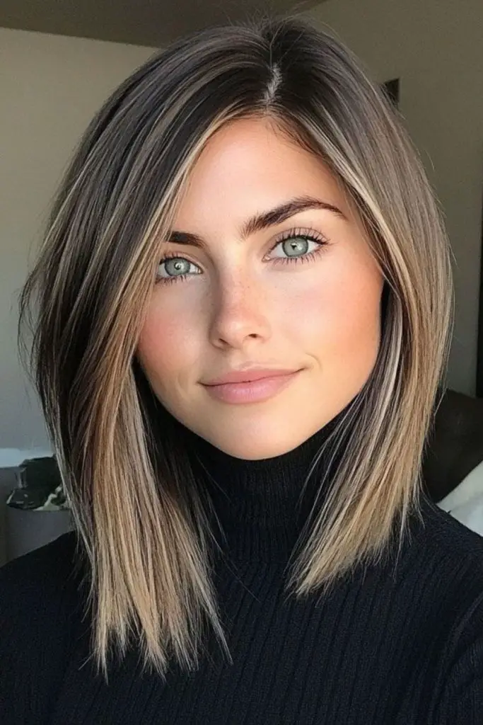 Downward-angled lob for youthful, sleek style.