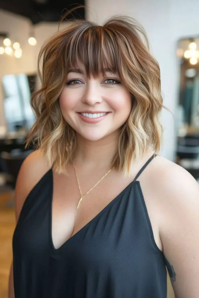 "Textured angled lob for edgy chic."