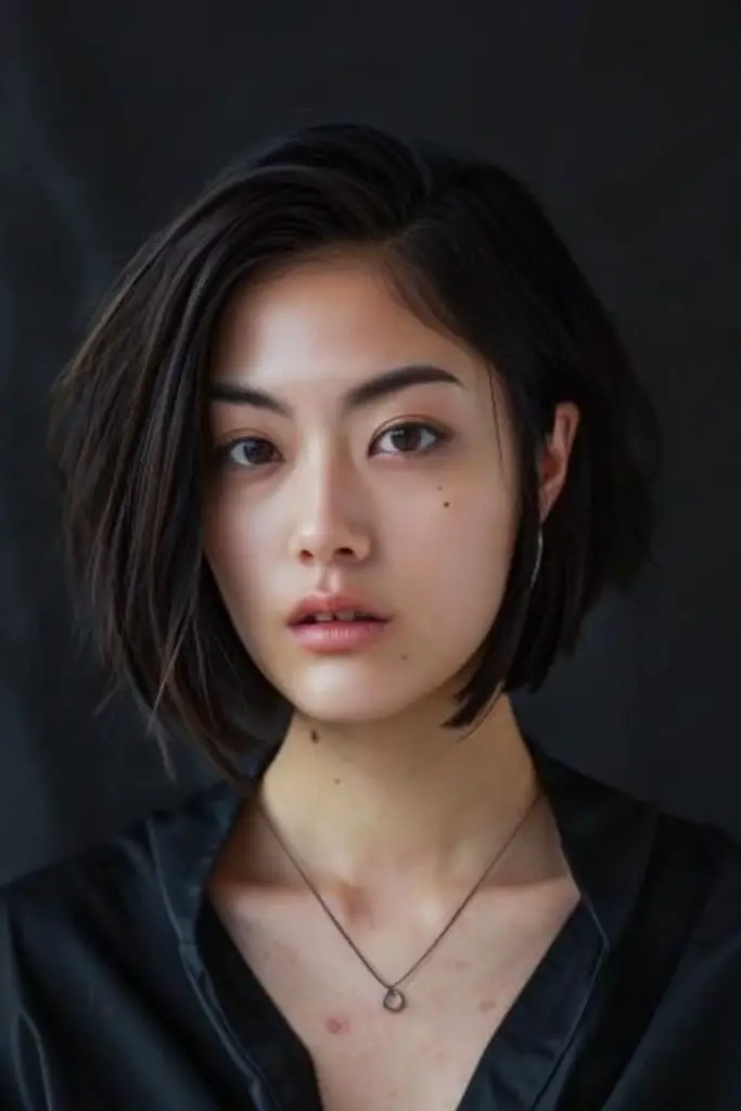 Angled bob with edgy asymmetrical layers.