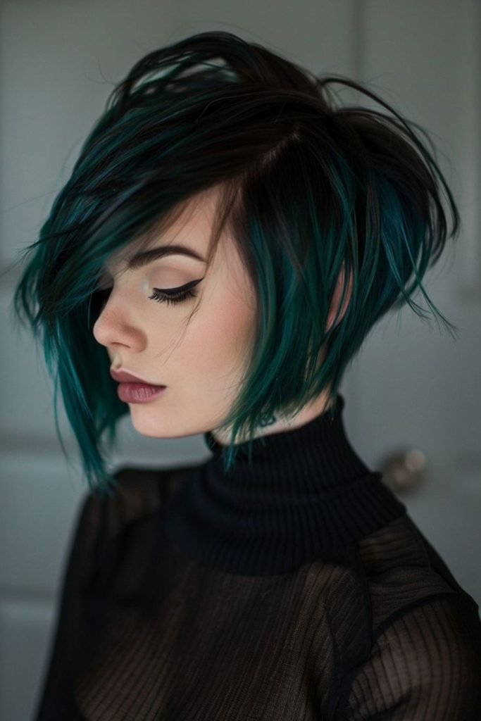 Bold bob balances soft turtlenecks.