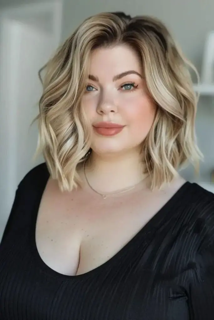"Bold blunt shag with side-swept part."