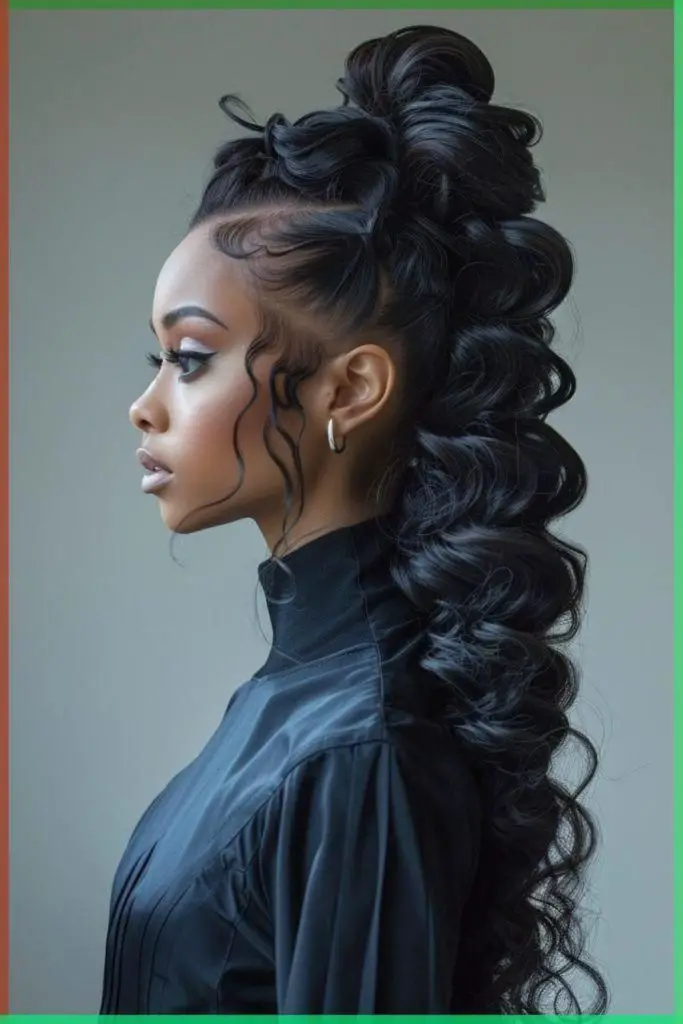 "High ponytail with sleek, bold appeal."