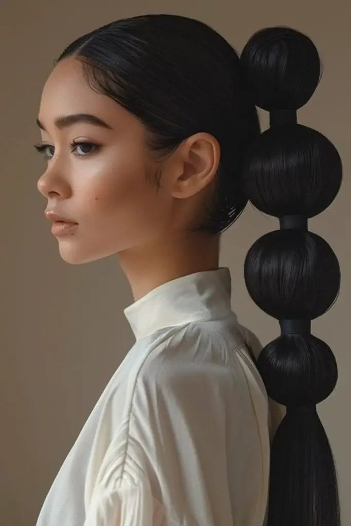 Trendy ponytail complements chunky sweaters.