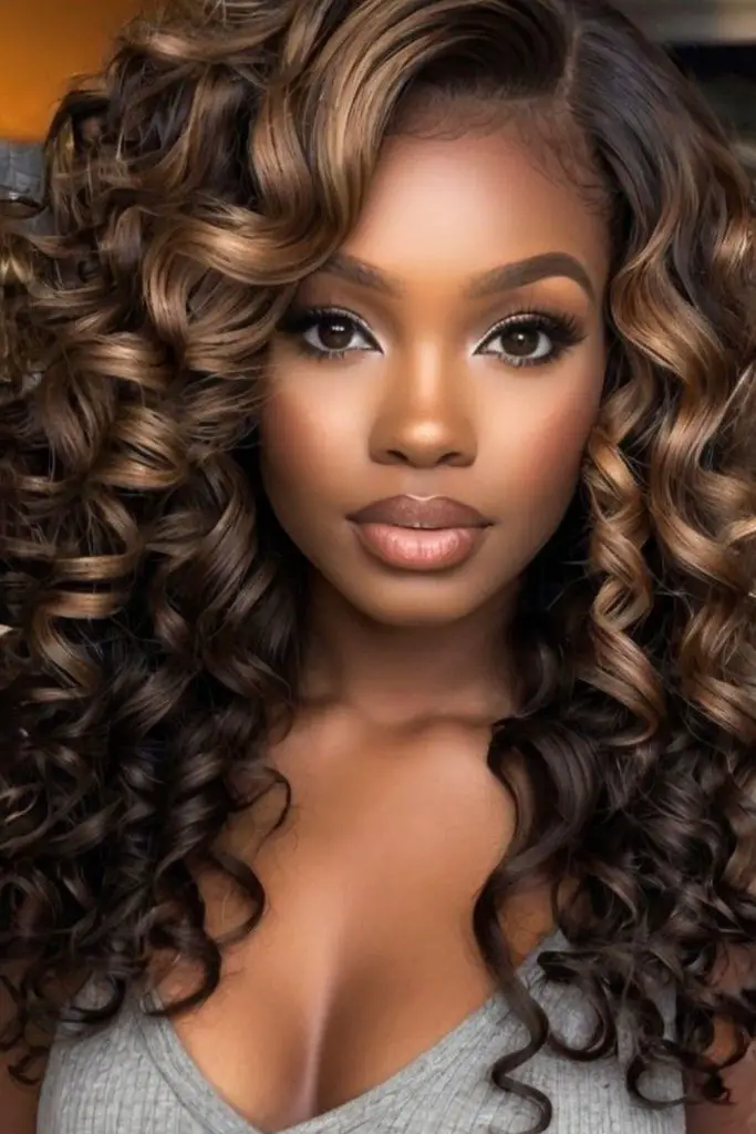 Warm brown waves with caramel highlights.
