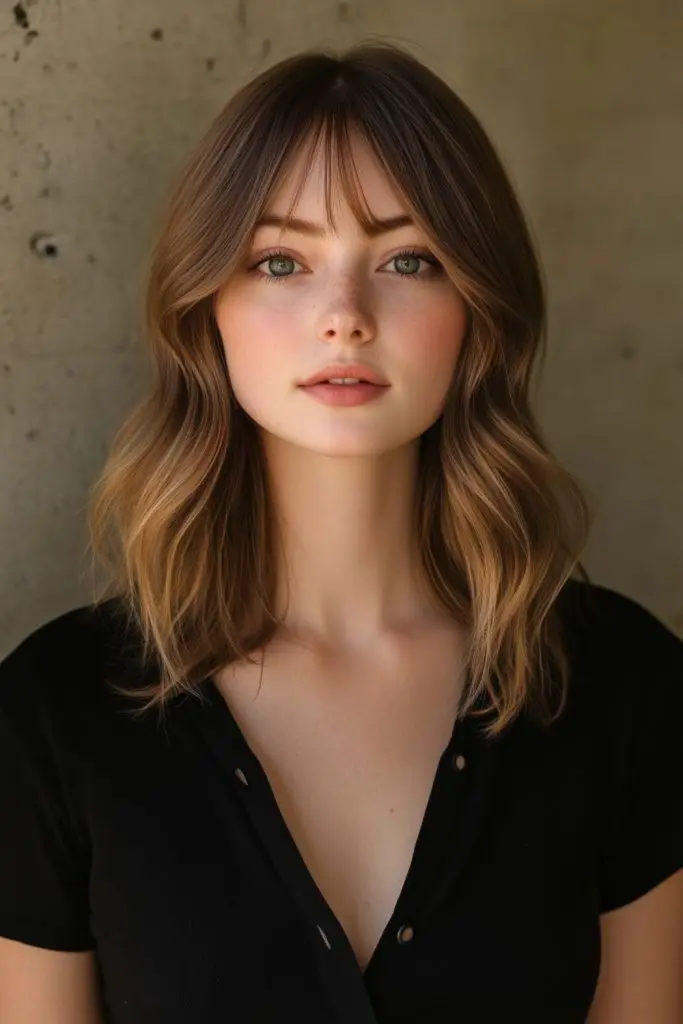 Parted bangs blending with layered haircut.