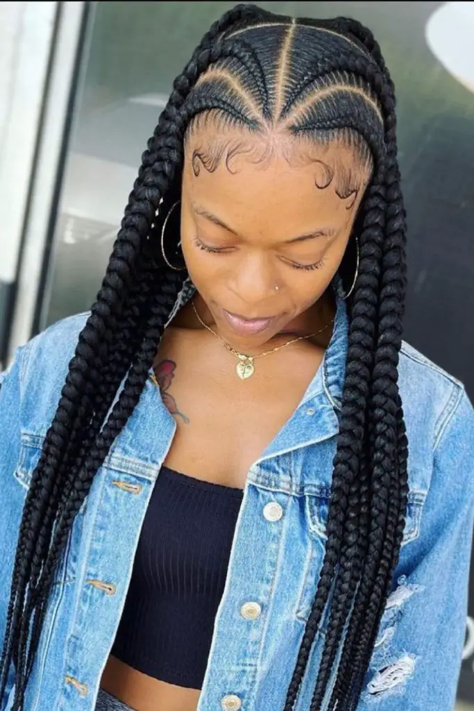 Graceful cornrows forming arched designs.