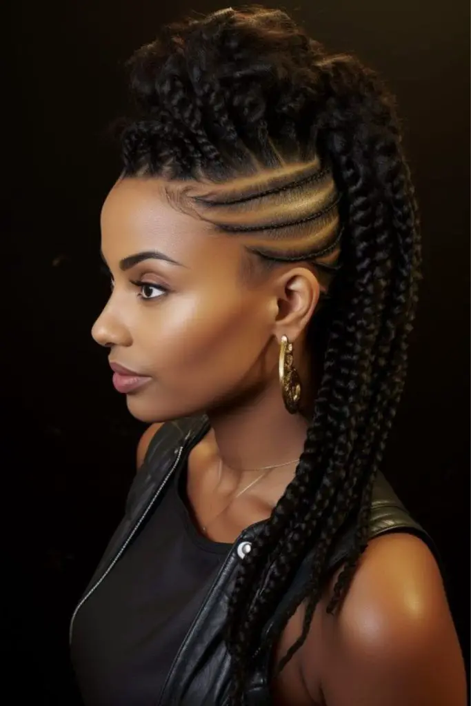 Edgy mohawk crafted with thick braids.