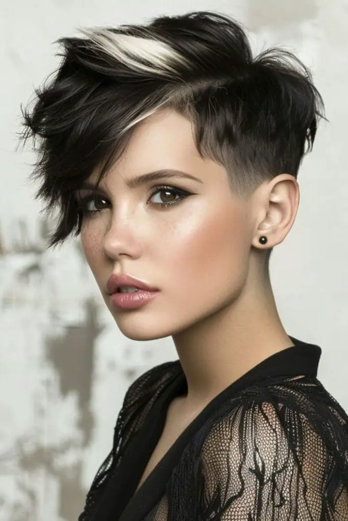 Bold uneven haircut with striking lines.