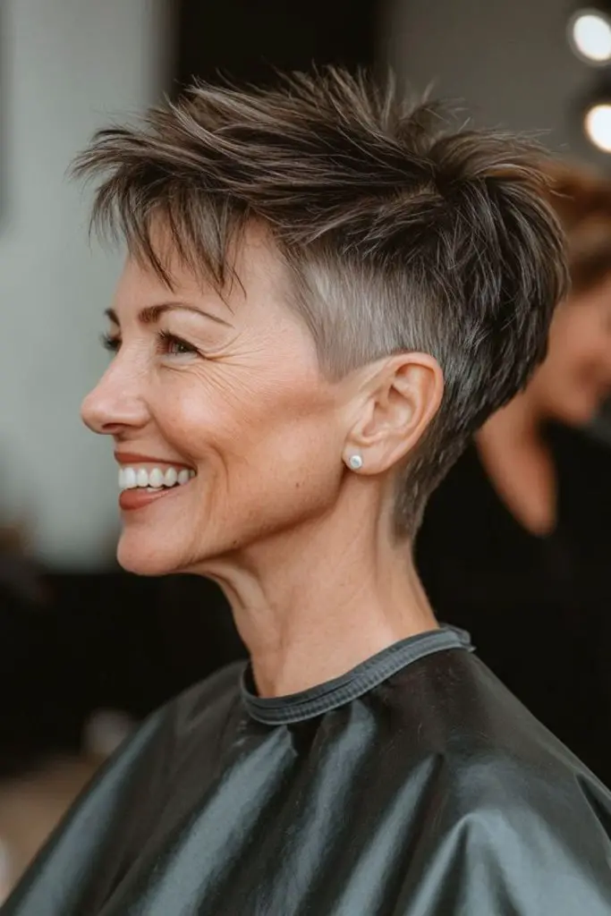 Hidden undercut beneath flowing layers.