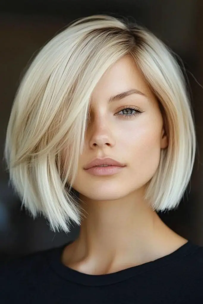 "Chic layered bob with textured volume."
