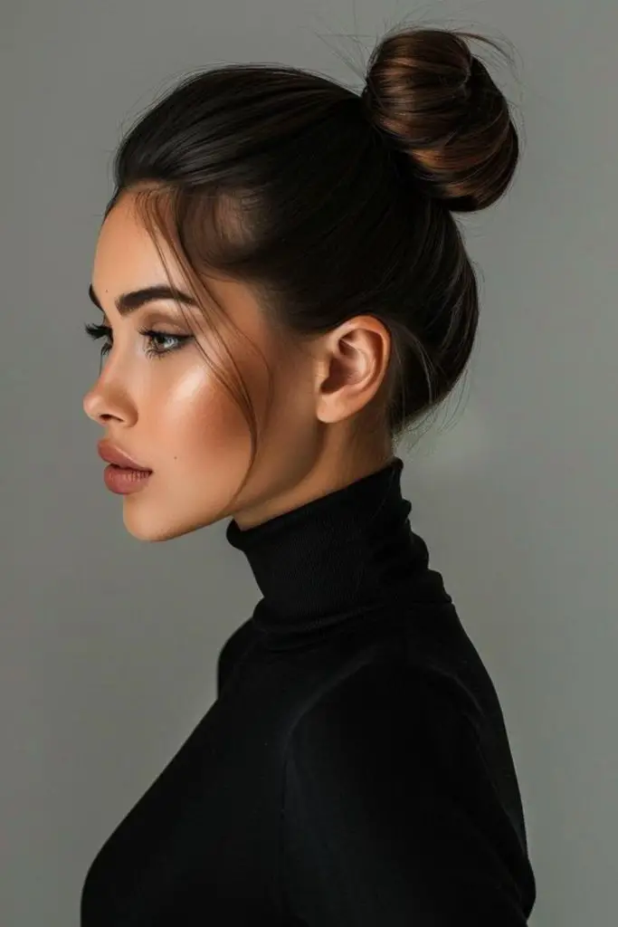 Smooth bun paired with cozy turtleneck.