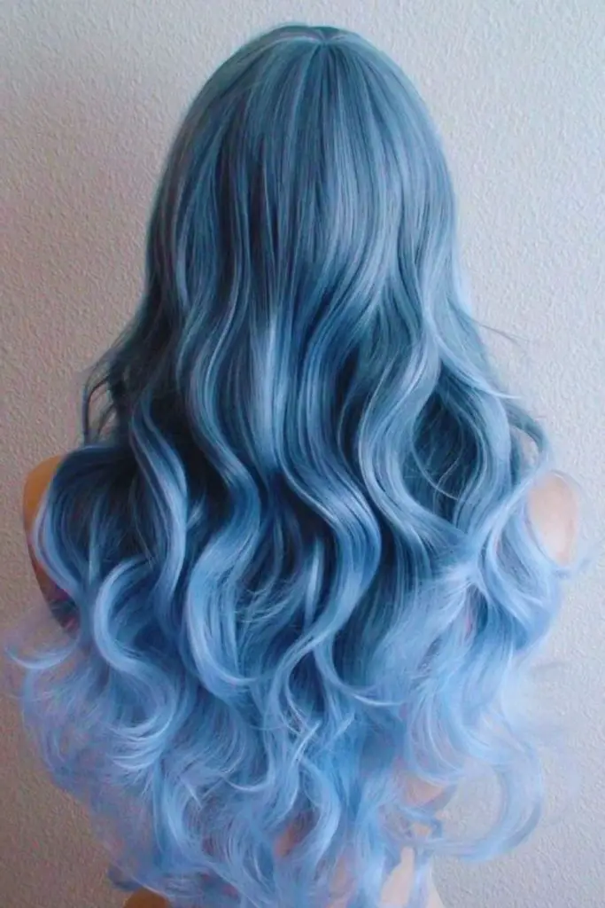 Flowing aquamarine locks with iridescent shimmer.