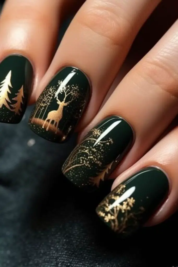 Green nails with gold deer highlights.