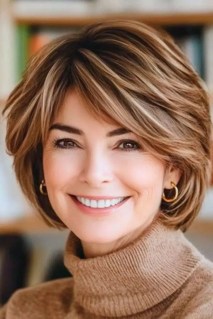 "Sleek A-line bob with feathered tips."