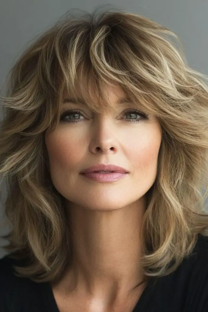 "Flirty feathered bangs framing the face."