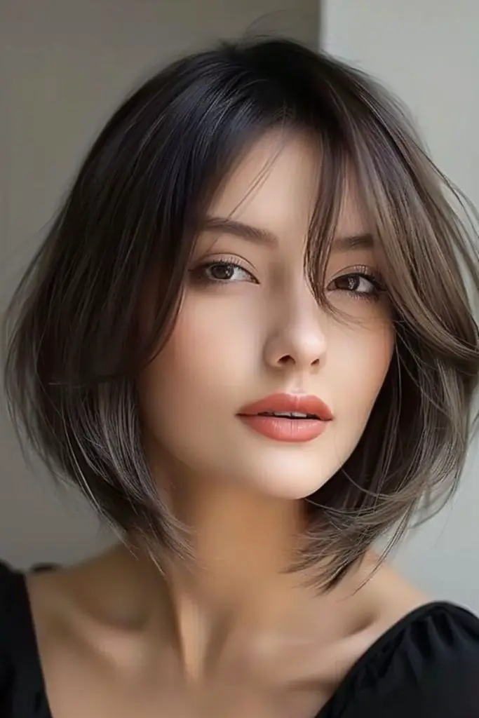 "Sharp blunt bob with soft feathered ends."