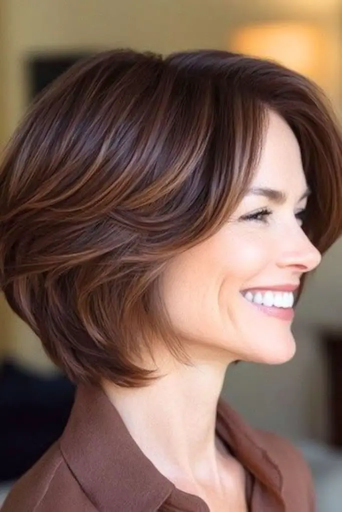 "Chic bob cut with feathered layers for volume."