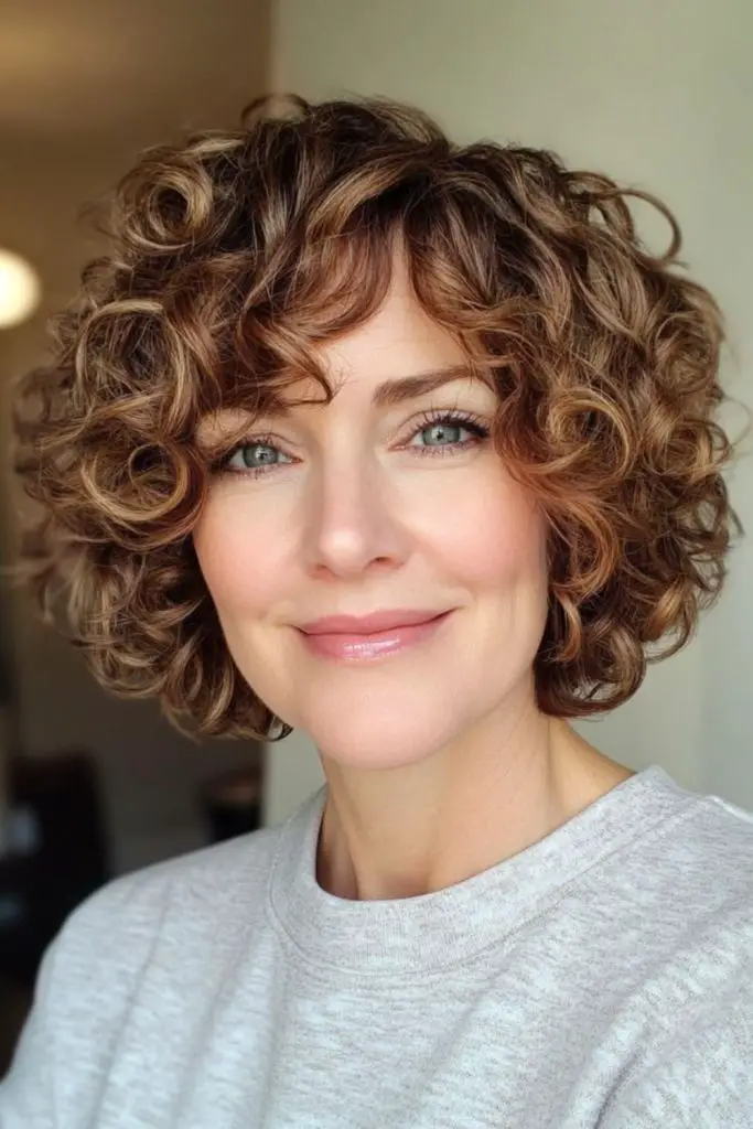 "Curly layered bob with feathered ends."