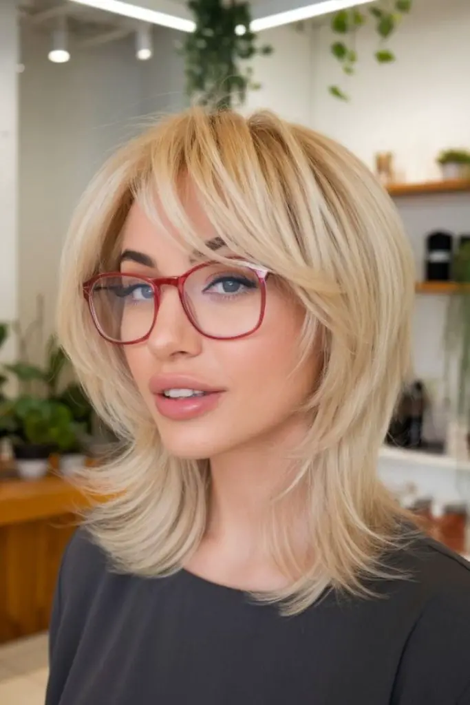 "Retro-inspired feathered layers with curtain bangs."