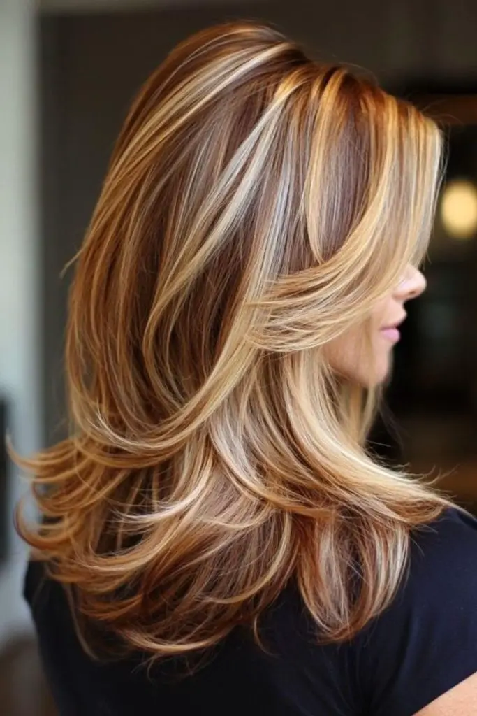 "Bold fringe paired with feathered layers."