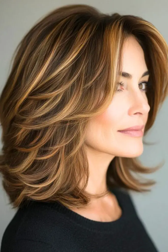 "Feathered layers with bold highlights for dimension."