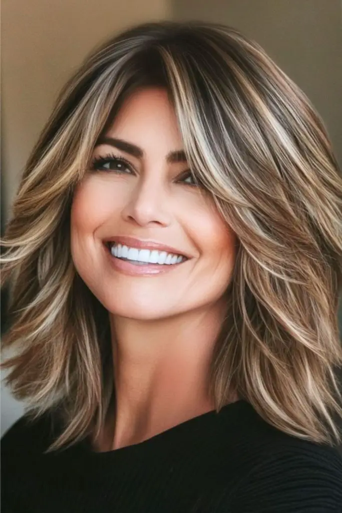 "Polished long bob with feathered layers."