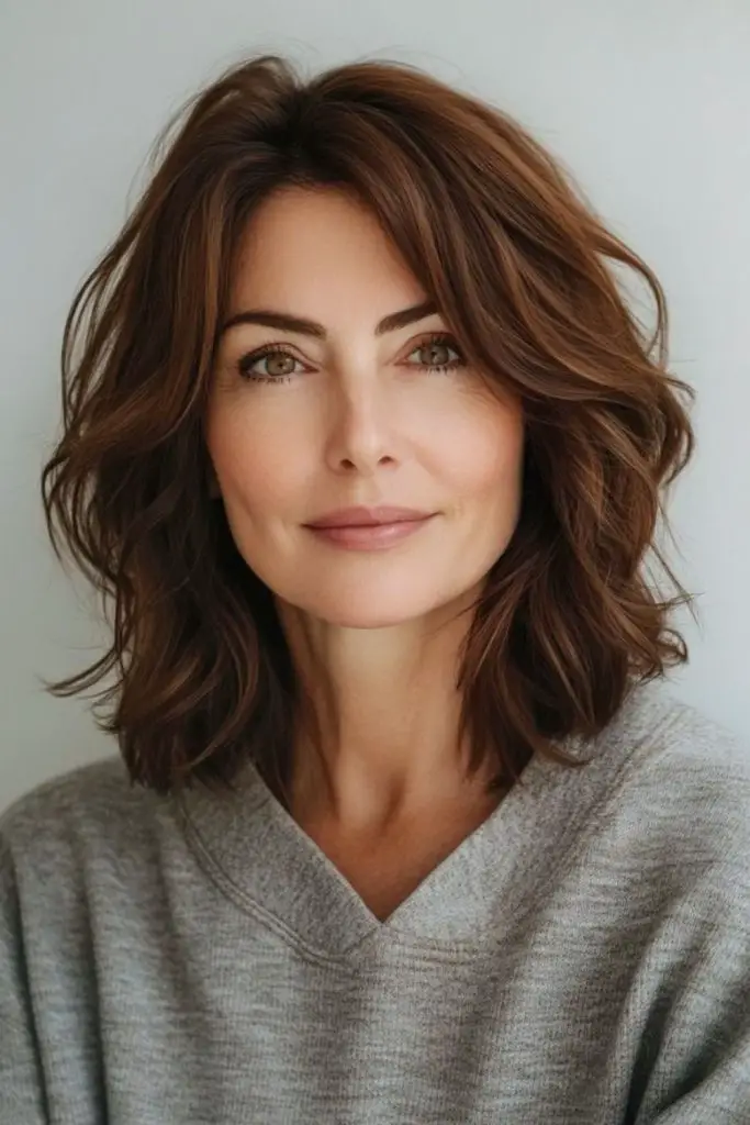 "Side-swept feathered layers framing the face."