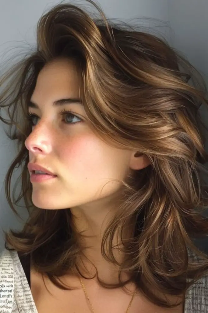 "Beachy wavy lob with feathered layers."