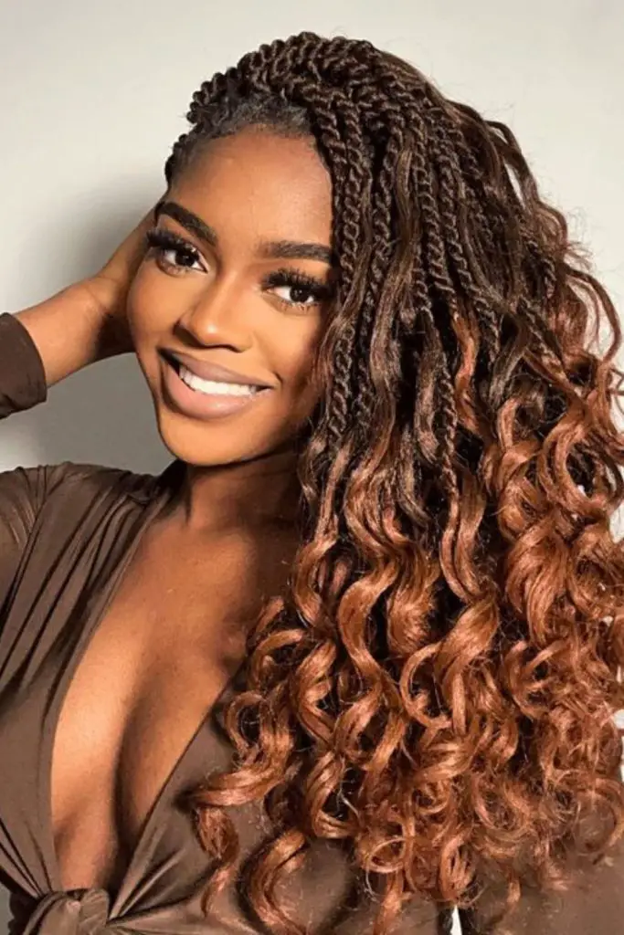 Bold auburn crochet twists for drama.