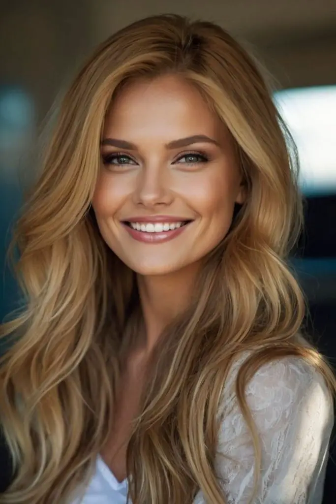 Luminous golden honey blonde hair color.
