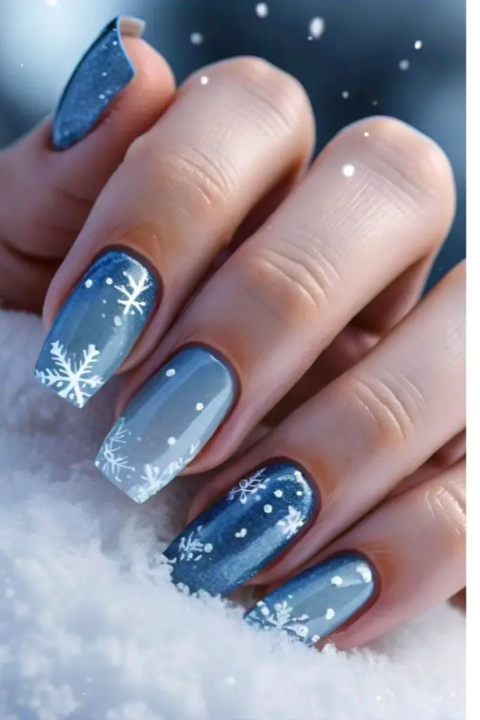 Glossy icy blue snowfall nails.