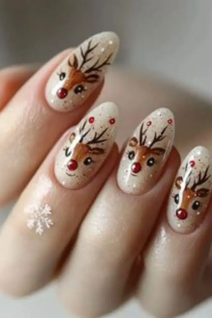 White frosted nails with deer motifs.
