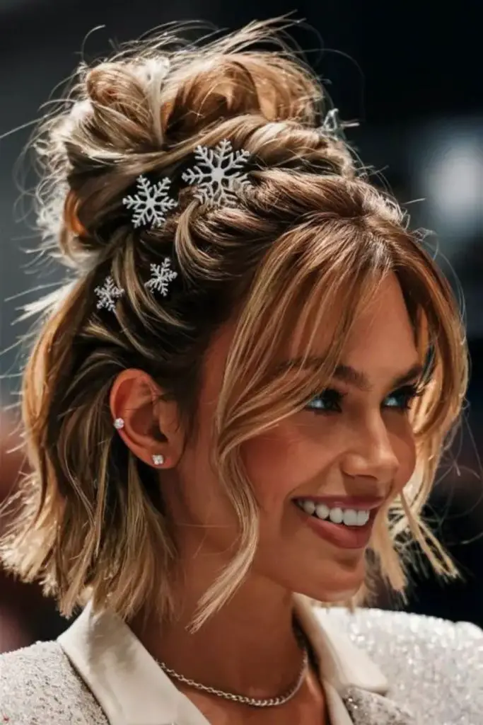 Whimsical frosted twisted bun hairstyle.