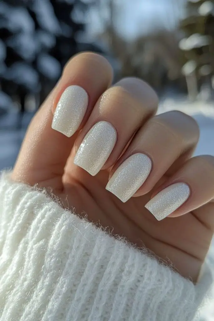 Sheer white nails with glittery frost.