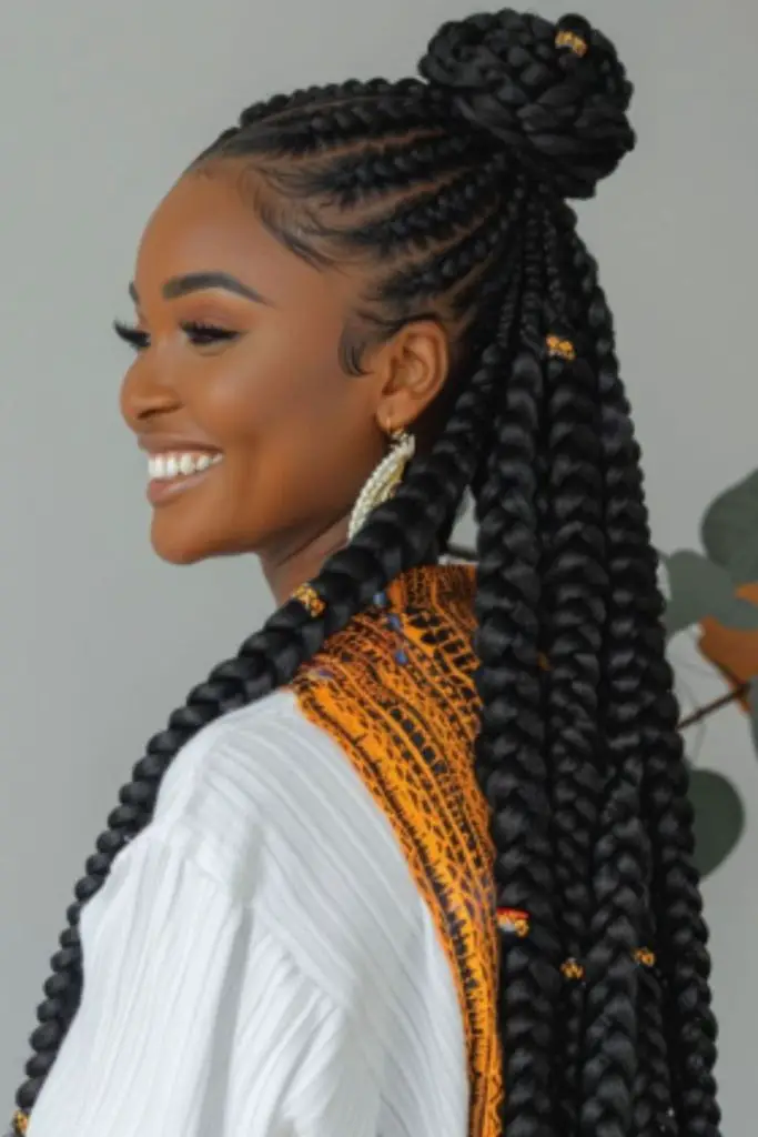Braided halo with loose cascading strands.