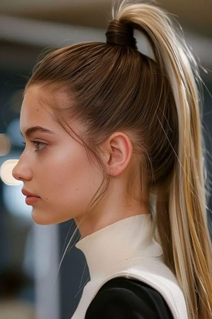 Sleek high ponytail elongating facial features.