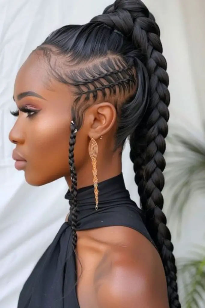 Braided high ponytail radiating bold energy.