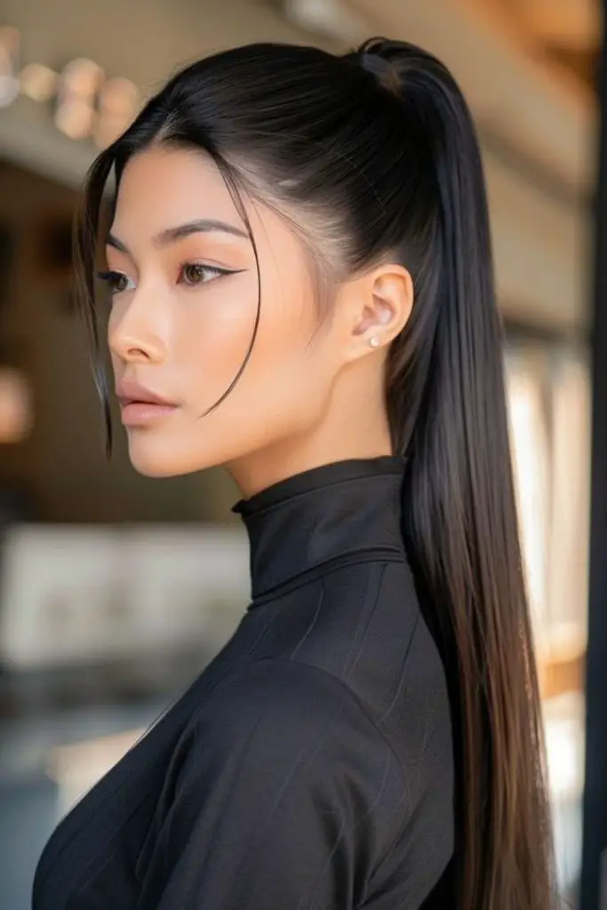 Lifted ponytail elongates bold necklines.