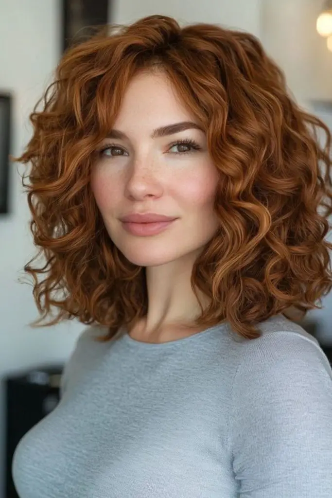 "Curly hair with feathered layers for bounce."